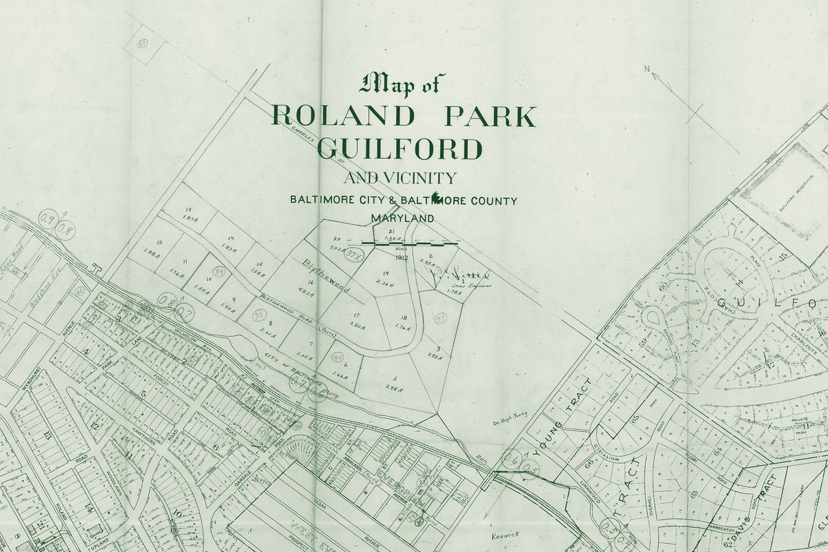 1912 map of Roland Park, Guilford and vicinity in Baltimore City and Baltimore County, showing the curving streets and lots of Roland Park and Guilford